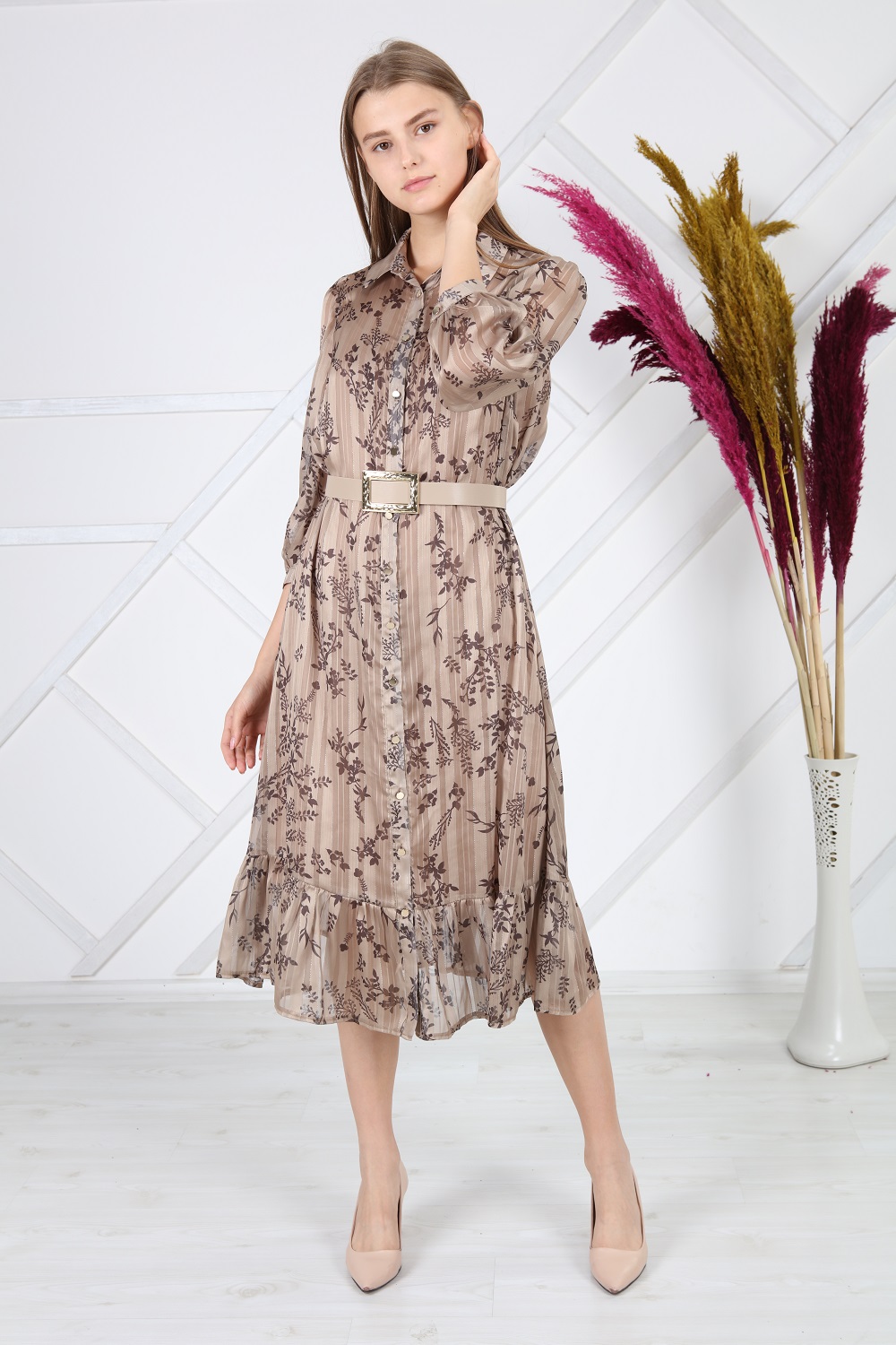 Beige Patterned Silvery Dress