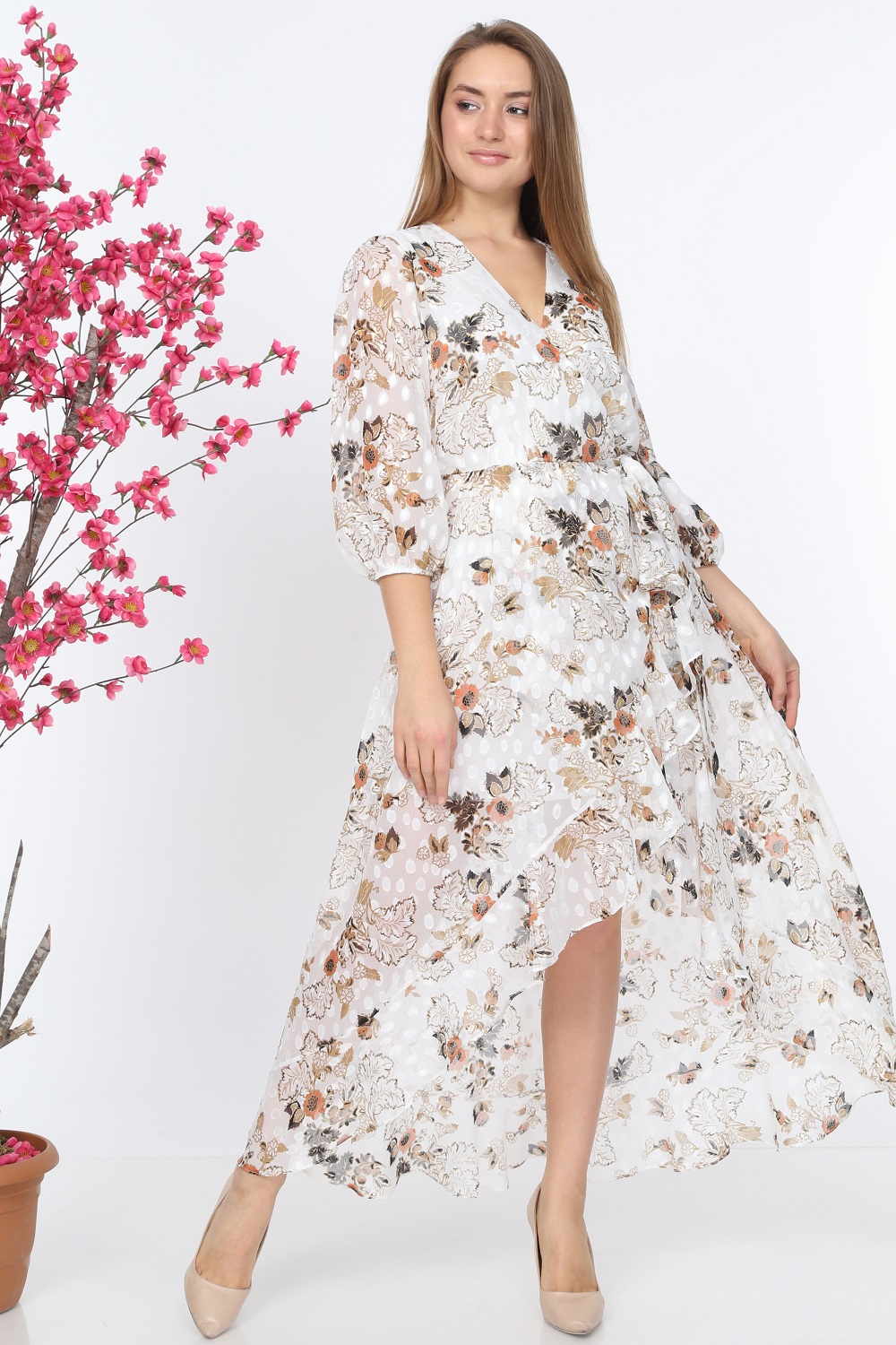 White Ruffle Patterned Dress