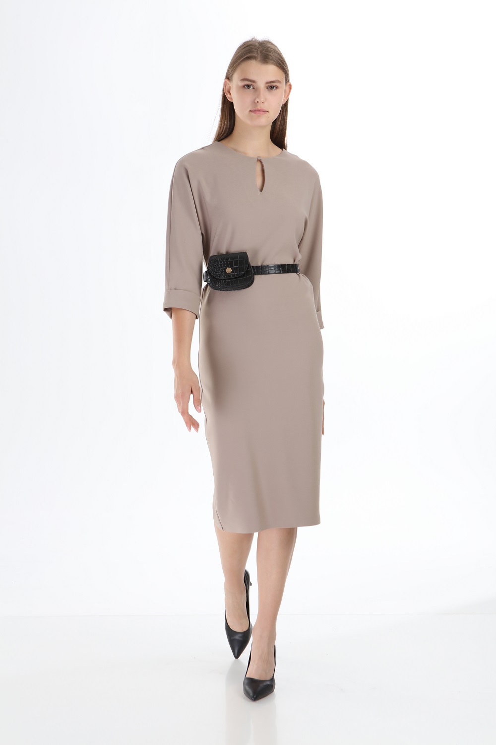 Mink Colored Dress With Bag and Belt