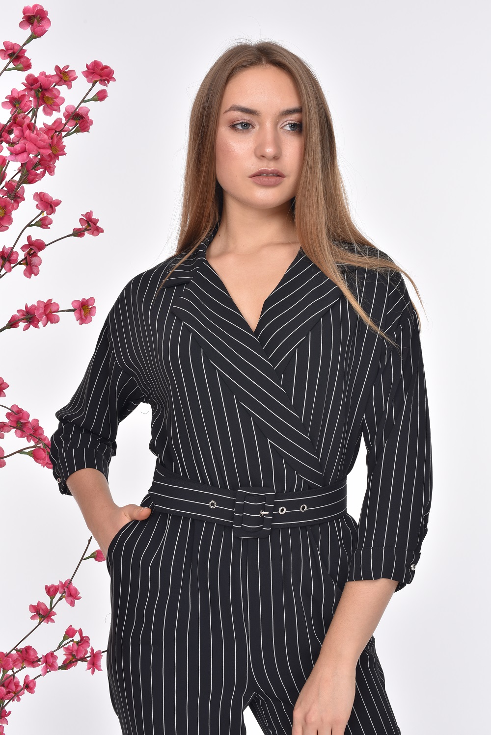 Striped Belt Black Color Jumpsuit