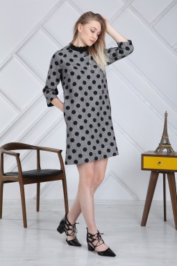 Half Turtleneck Polka Dot Gray Dress