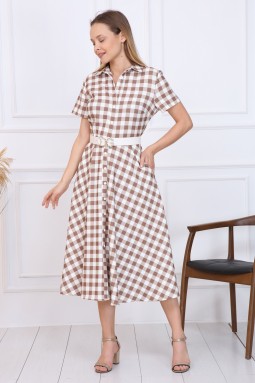 Beige Plaid Button Dress