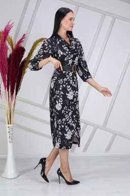White Floral Patterned Black Dress