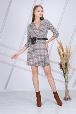 Beige Color Double Breasted Dress With Bag