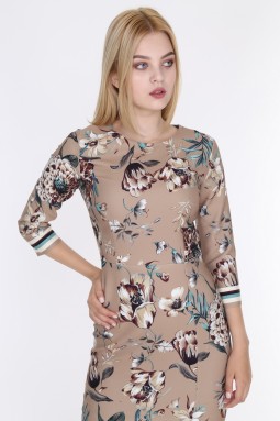 Floral Patterned Slit Beige Color Dress