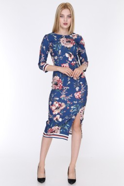 Floral Patterned Slit Blue Color Dress