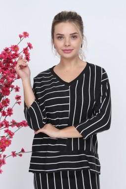 Striped V-Neck Black Color Skirt Suit