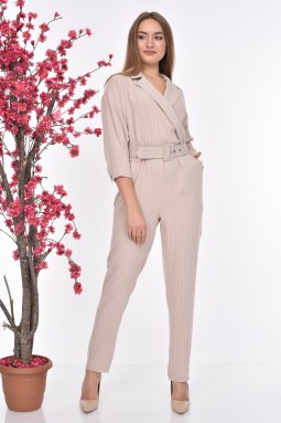 Striped Belted Beige Color Jumpsuit
