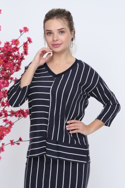 Striped V-Neck Navy Blue Color Skirt Suit