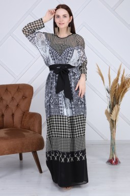 Multi Pattern Khaki Long Dress