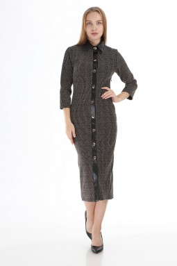Beige Leather Collar Buttoned Dress