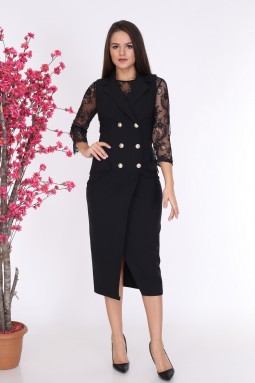 Collared Buttoned Black Dress