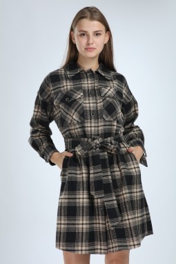 Plaid Buttoned Beige Dress