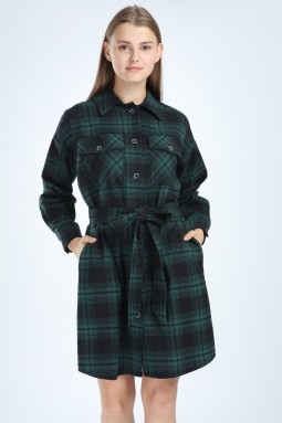 Plaid Buttoned Green Dress