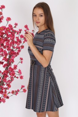 Gray Patterned Short Sleeve Knitwear Dress