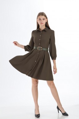 Khaki Collar Buttoned Short Dress