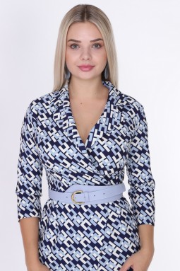 Patterned Collar Blue Color Dress