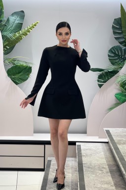 Split Sleeve Mini Black Dress