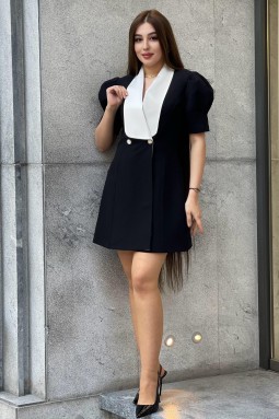 White Collar Black Crepe Mini Dress