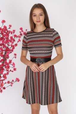 Red Patterned Short Sleeve Knitwear Dress