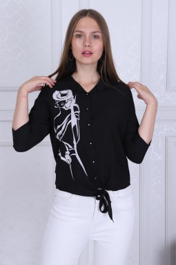 Girl Patterned Black Color Blouse