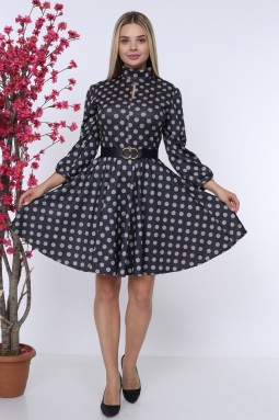 Navy Blue Polka Dot Belted Dress