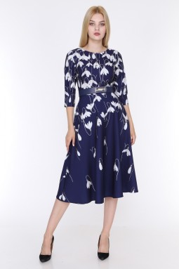 Tulip Patterned Navy Blue Color Dress