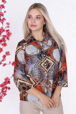 Leopard Patterned Buttoned Red Blouse