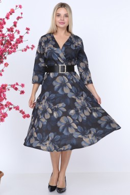 Violet Patterned Navy Blue Dress