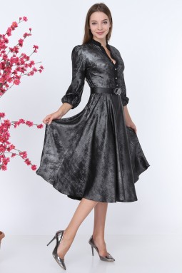 Shiny Fabric Buttoned Silver Dress
