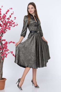 Shiny Fabric Buttoned Khaki Dress