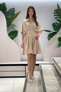 Batwing Sleeve Beige Dress with Button