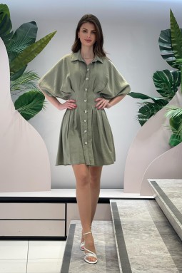 Batwing Sleeve Khaki Dress with Button