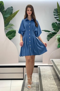 Batwing Sleeve Blue Dress with Button