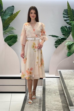 Orange Floral Patterned Organza Dress