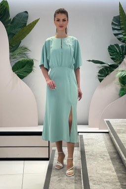Mint Dress with Flower Brooch and Slit