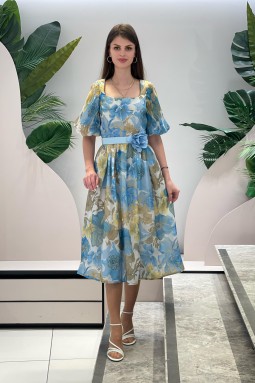 Blue Floral Pattern Square Collar Dress