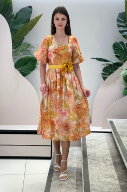 Orange Floral Pattern Square Collar Dress