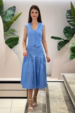 Blue Suit with Vest and Pleated Skirt