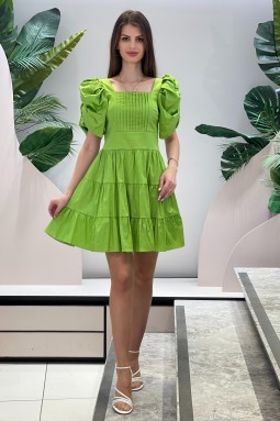 Square Neck Balloon Sleeve Green Dress