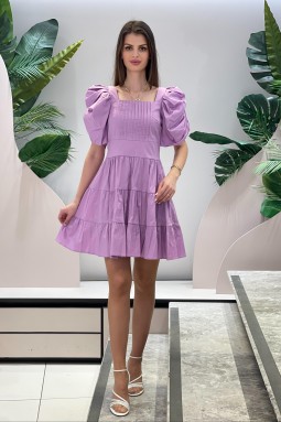 Square Neck Balloon Sleeve Lilac Dress
