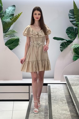 Beige Dress with Floral Belt