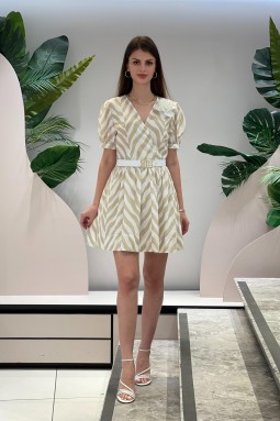 Beige Dress with Flower Brooch