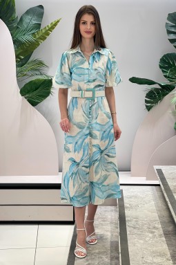 Turquoise Balloon Sleeve Buttoned Dress
