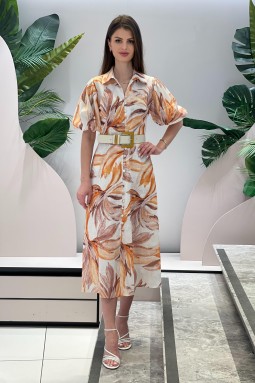 Orange Balloon Sleeve Buttoned Dress
