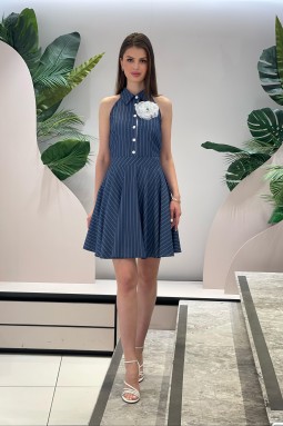 Denim Dress with Flower Brooch