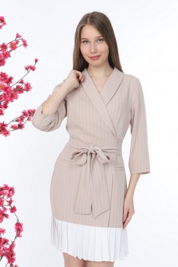 Pleated Striped Beige Dress