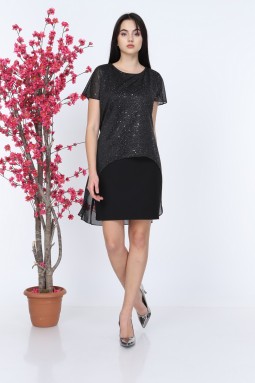 Black Silvery Short Sleeve Tulle Dress