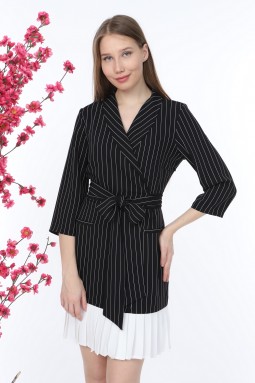 Pleated Striped Black Dress