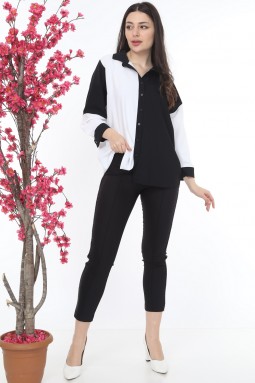 Collar Buttoned Black and White Suit